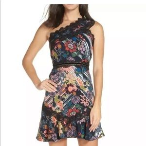 NWT Foxiedox Retro Lace Floral One Shoulder Mini Dress Women's Size 4